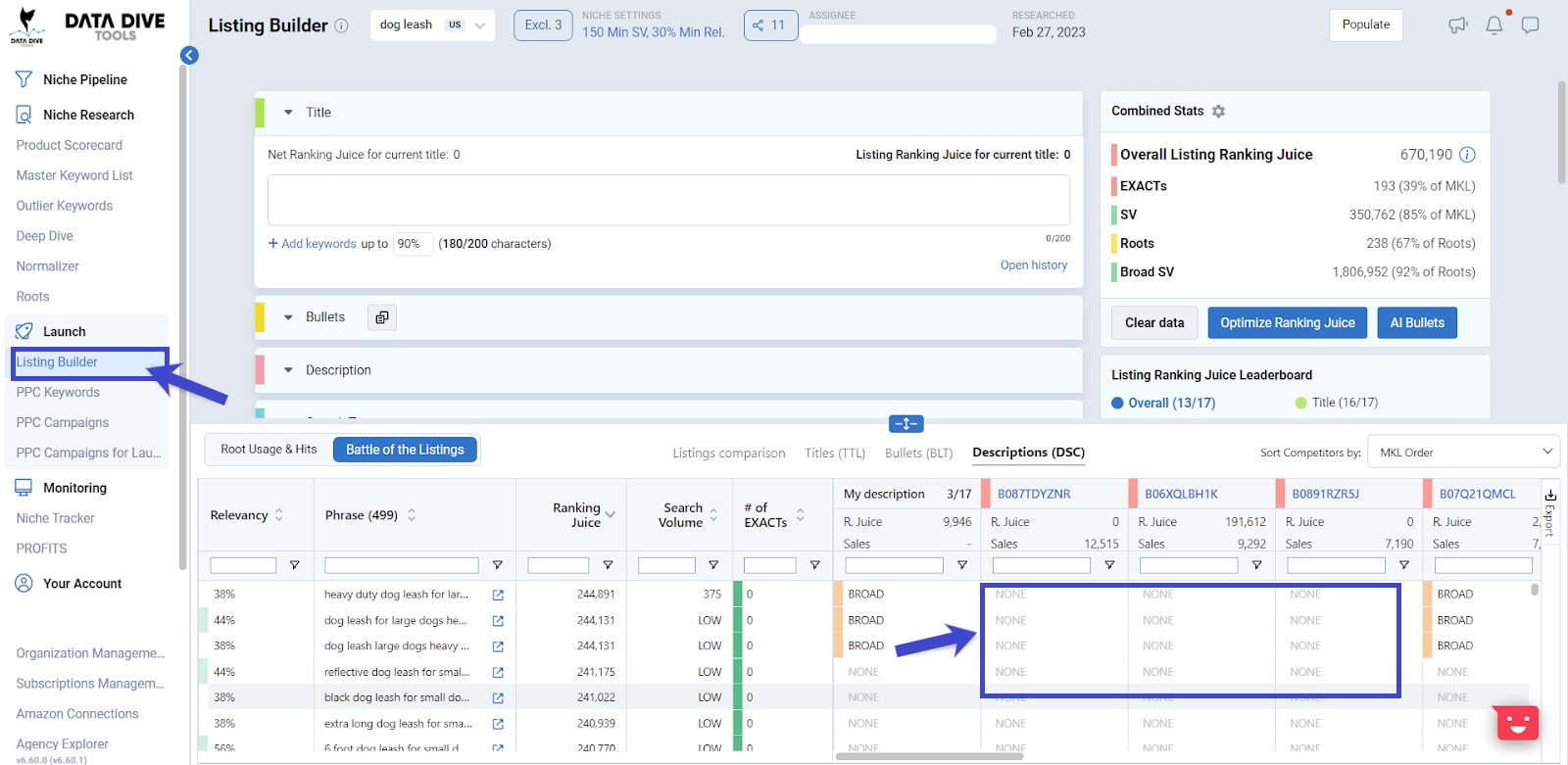 Data Dive listing builder 